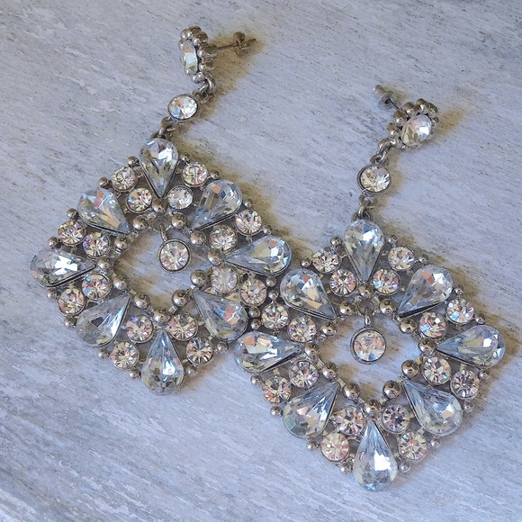 Big Clear & Pale Silvery Blue Jewel Glitzy Glam Pageant Post Statement Earrings - Picture 7 of 13